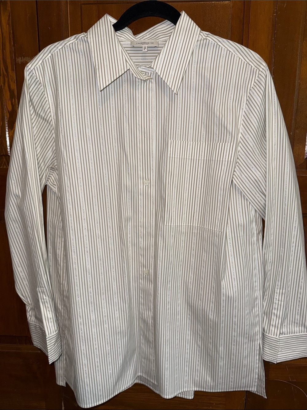 Lafayette 148 New York “Helen” White Button-Down Shirt with Gray Pinstripes